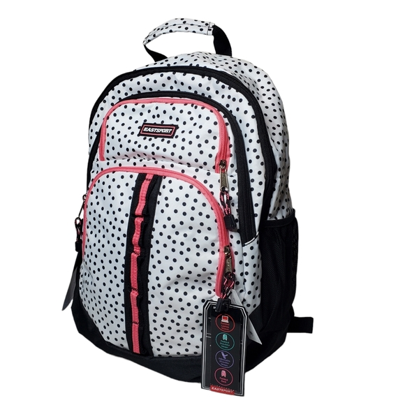 Eastsport 18.5" Rally Sport Black & White Polka Dot Backpack w Tech Pocket NWT - Picture 1 of 14